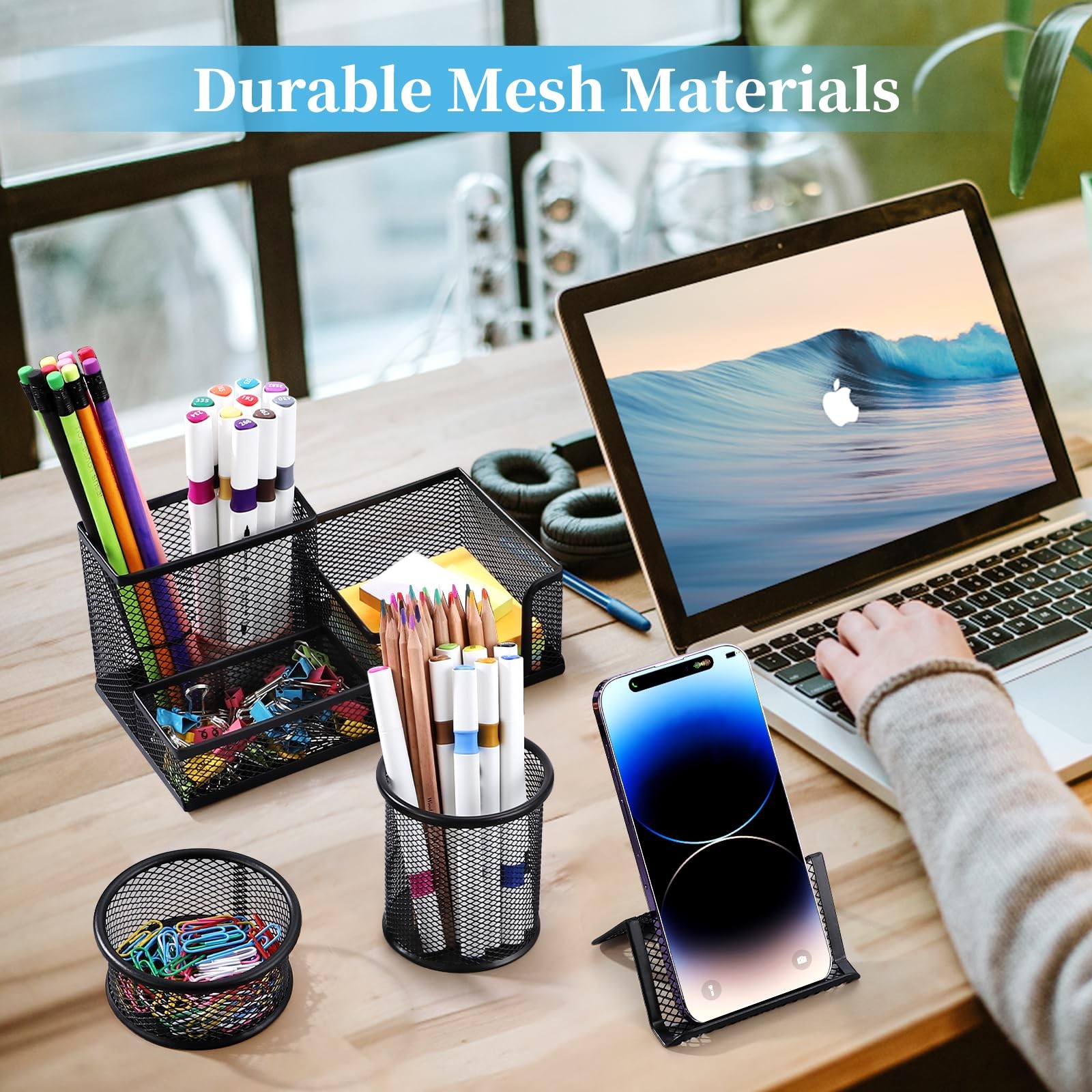 2-Piece Desk Pen Pencil Organizer Mesh Metal Cup Sticky Notes Holder Black