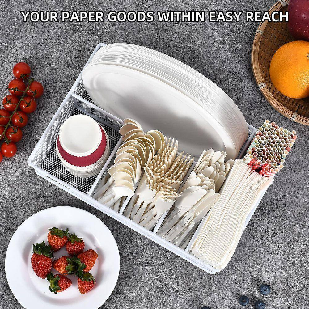 White Metal Paper Plate Organizer with 6 Compartments for Cups, Utensils, Napkin