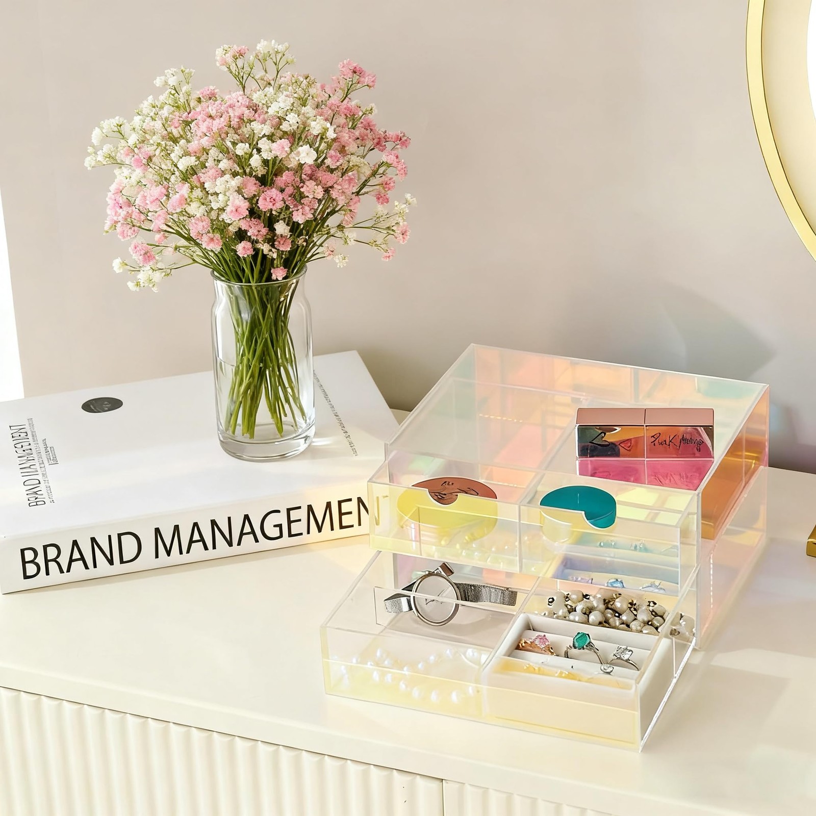 AZY Rainbow Acrylic Earring Organizer 2-Tier 3-Drawer with 6 Colorful