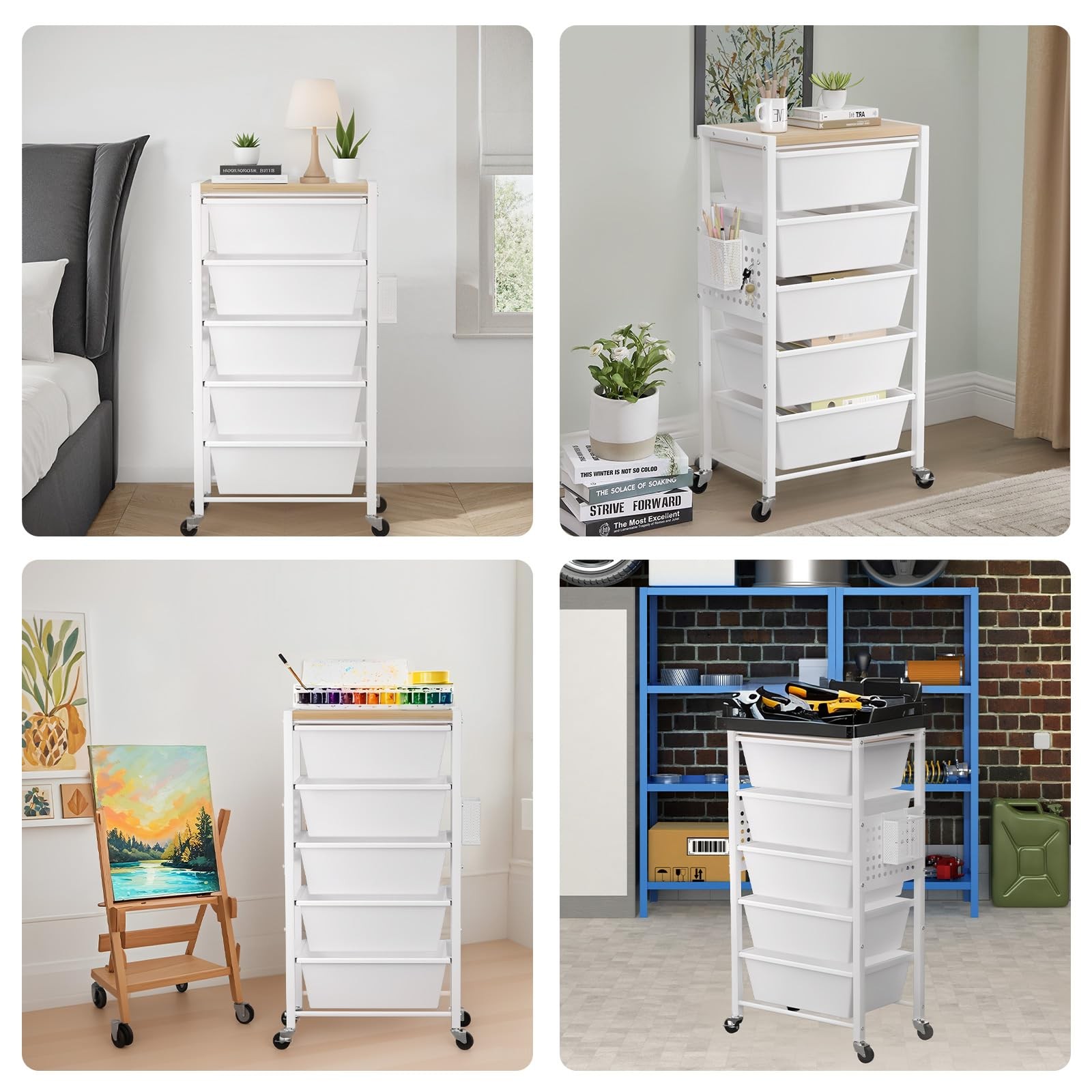 Rolling Cart with 4 Drawers, Plastic Drawer Storage 4-drawer, Bright White