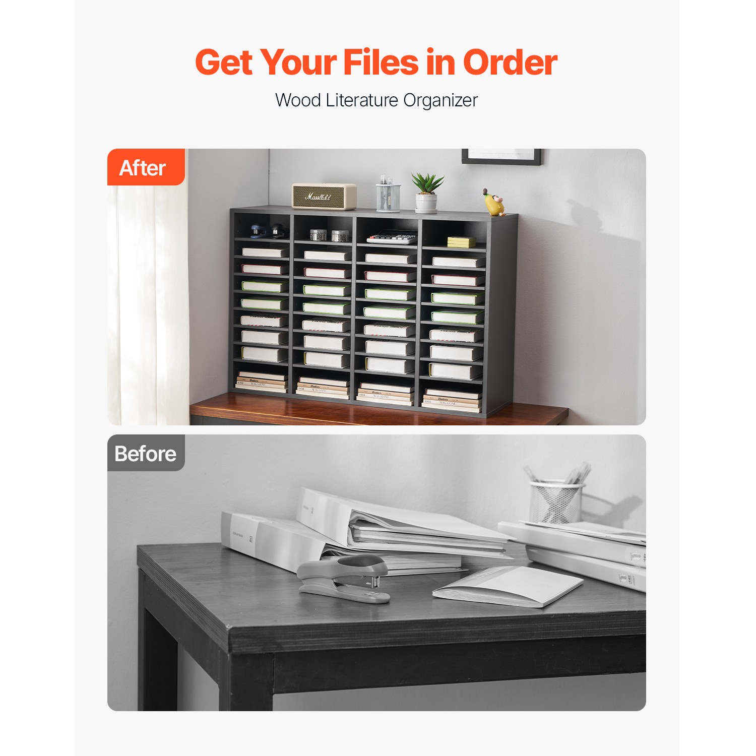 Uimoso Wooden Literature Organizer 36 Compartments with Adjustable Shelves Grey