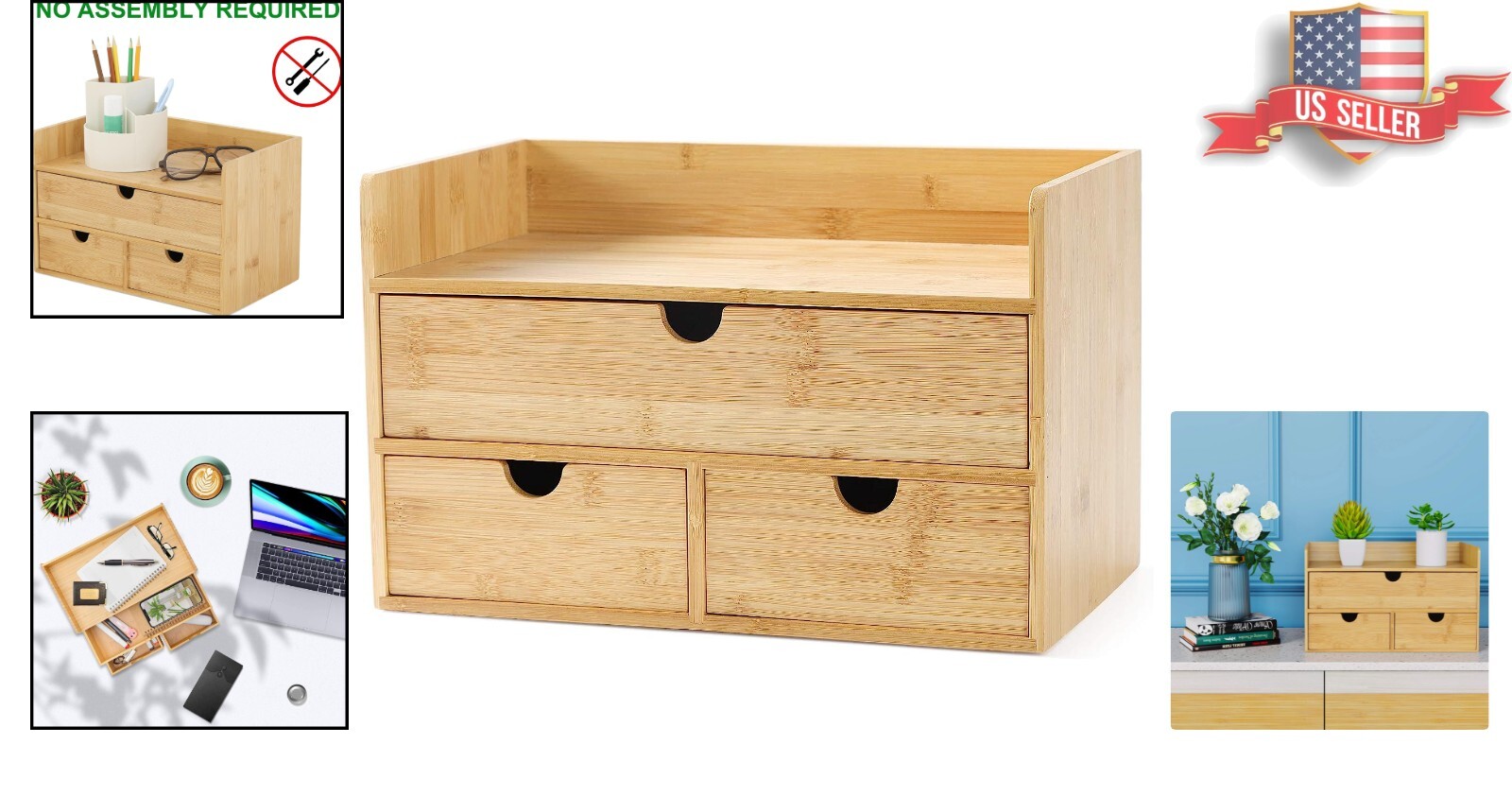 Bamboo Desk Organizer: 3 Drawer with Shelf – Eco-friendly – No Assembly Required