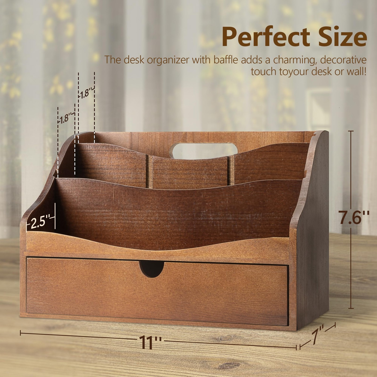 Pine Wood Mail Organizer for Desk – Retro Farmhouse Mail Holder with Drawer &…