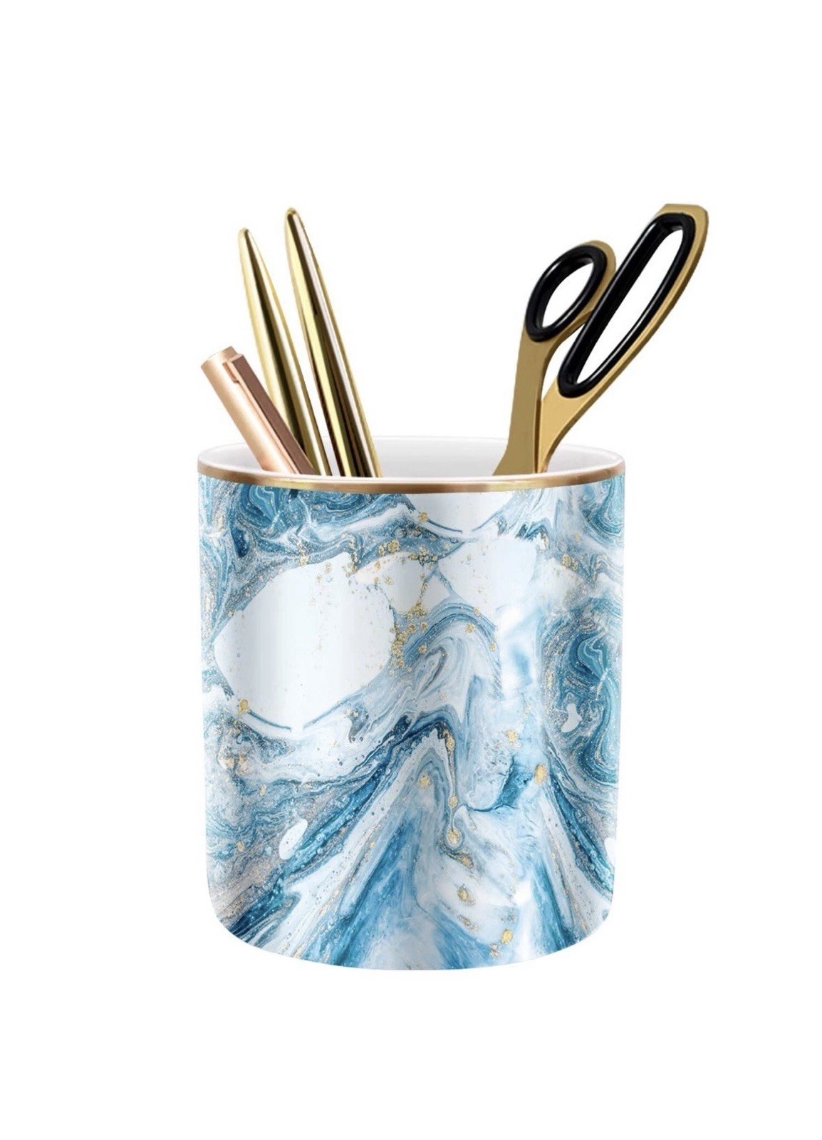 WAVEYU Marble Ceramic Desk Organizer Pen Holder Blue Gold