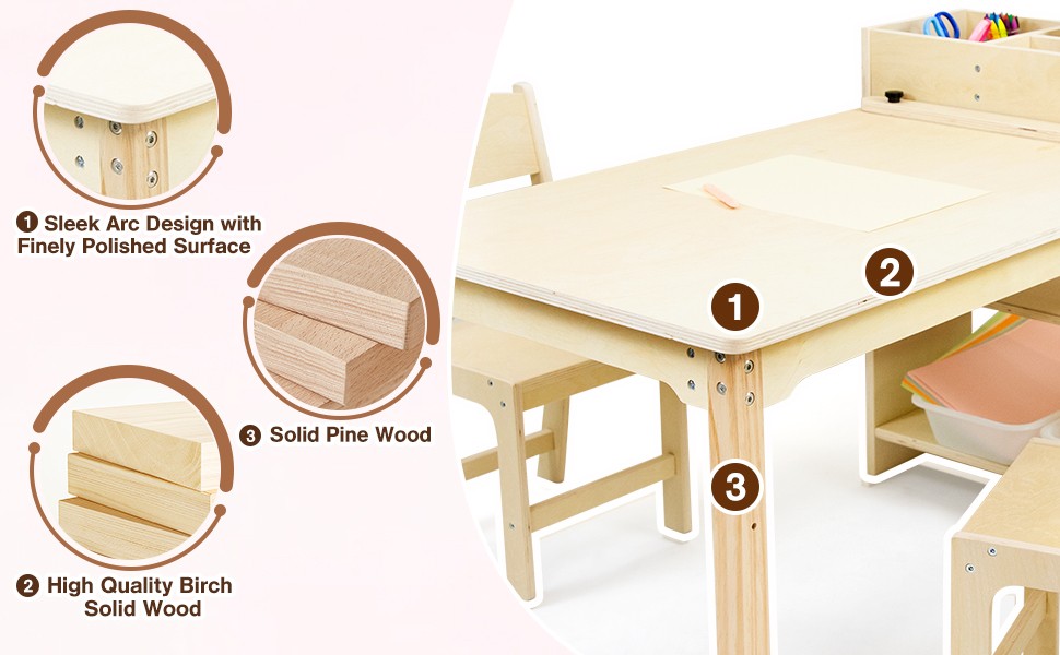 Kids Art Table and Chair Set, Birch Wooden Activity Craft Table, Kids