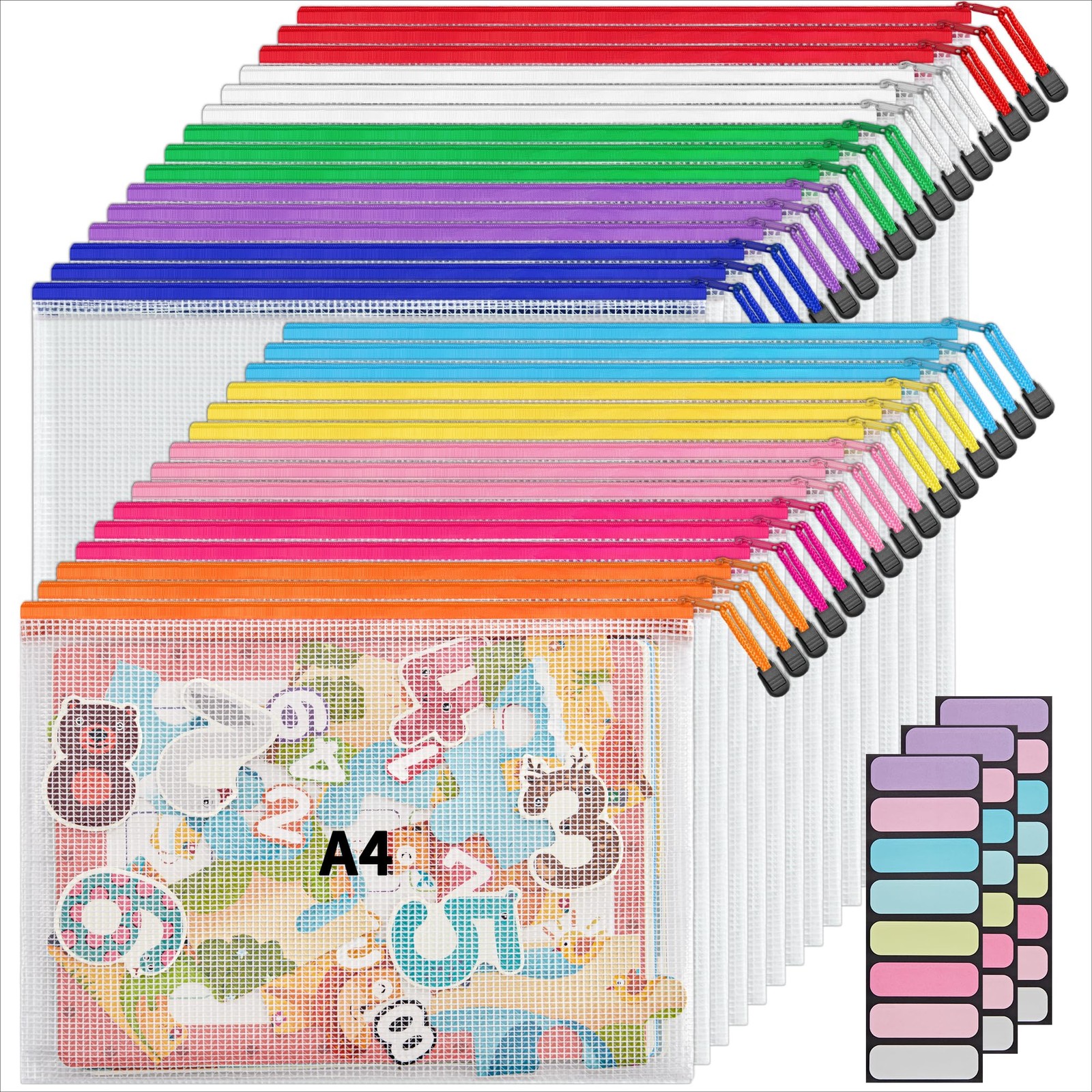 A4 Letter Size 30 Pack 10 Colors Zipper Mesh Document Pouch, Mesh Bags for Bo…