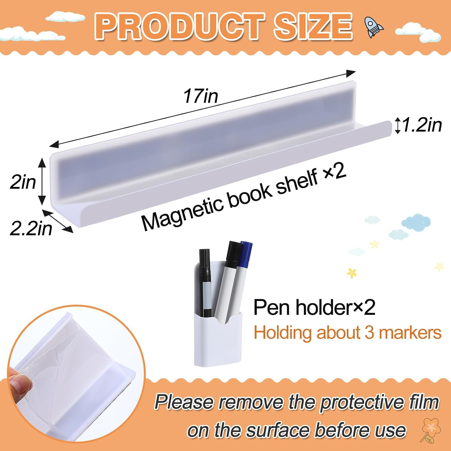 Apipi 2 Set Acrylic Magnetic Book Shelf & Pen Holder for Whiteboard, 6Lbs Bearin