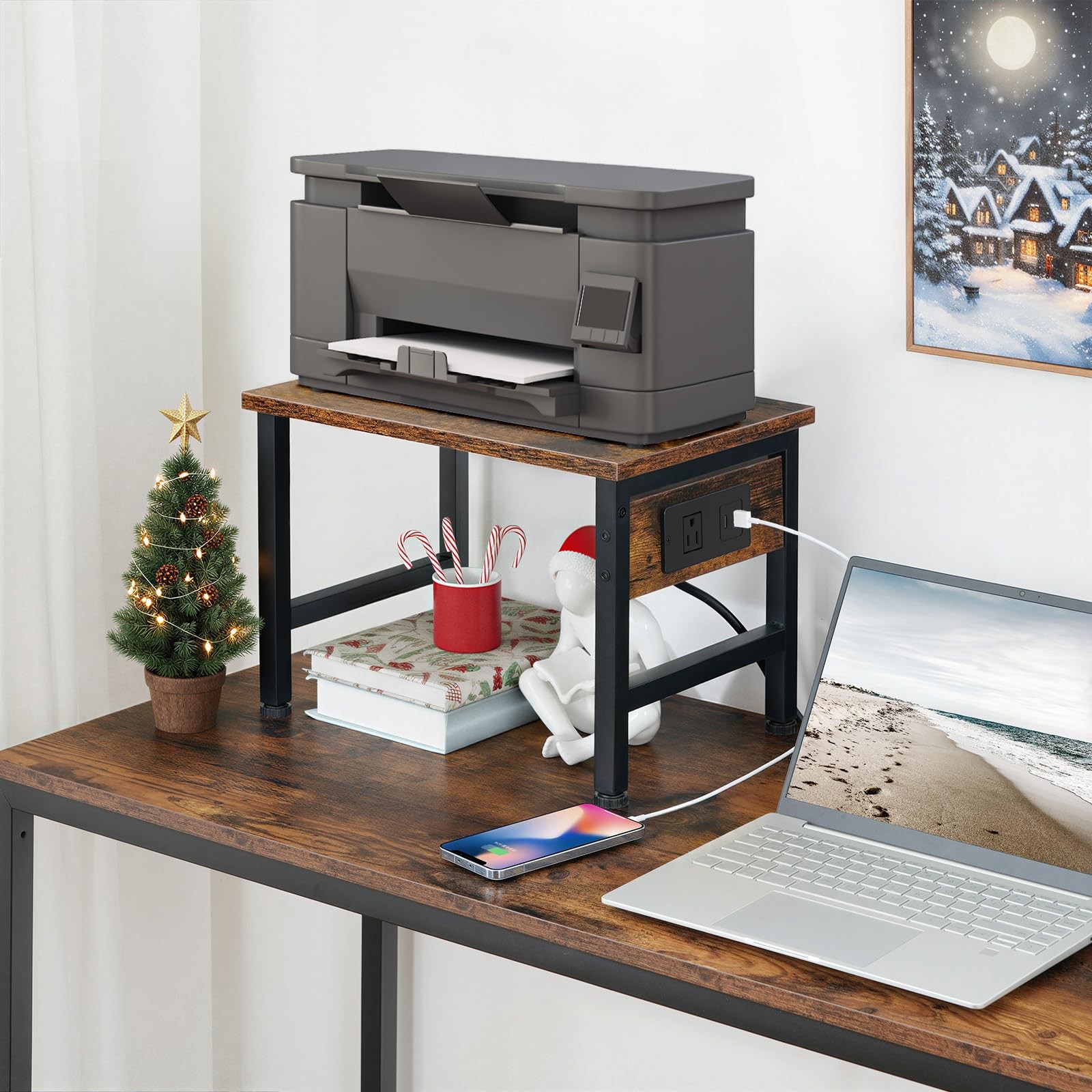 HOOBRO Printer Stand for Desk, 15.7” x 11’x 11.2”, Rustic Brown + Black