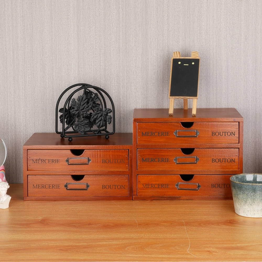 Wooden Storage Box Rustic Desktop Organizer with 2 Drawers Office Desk Access…