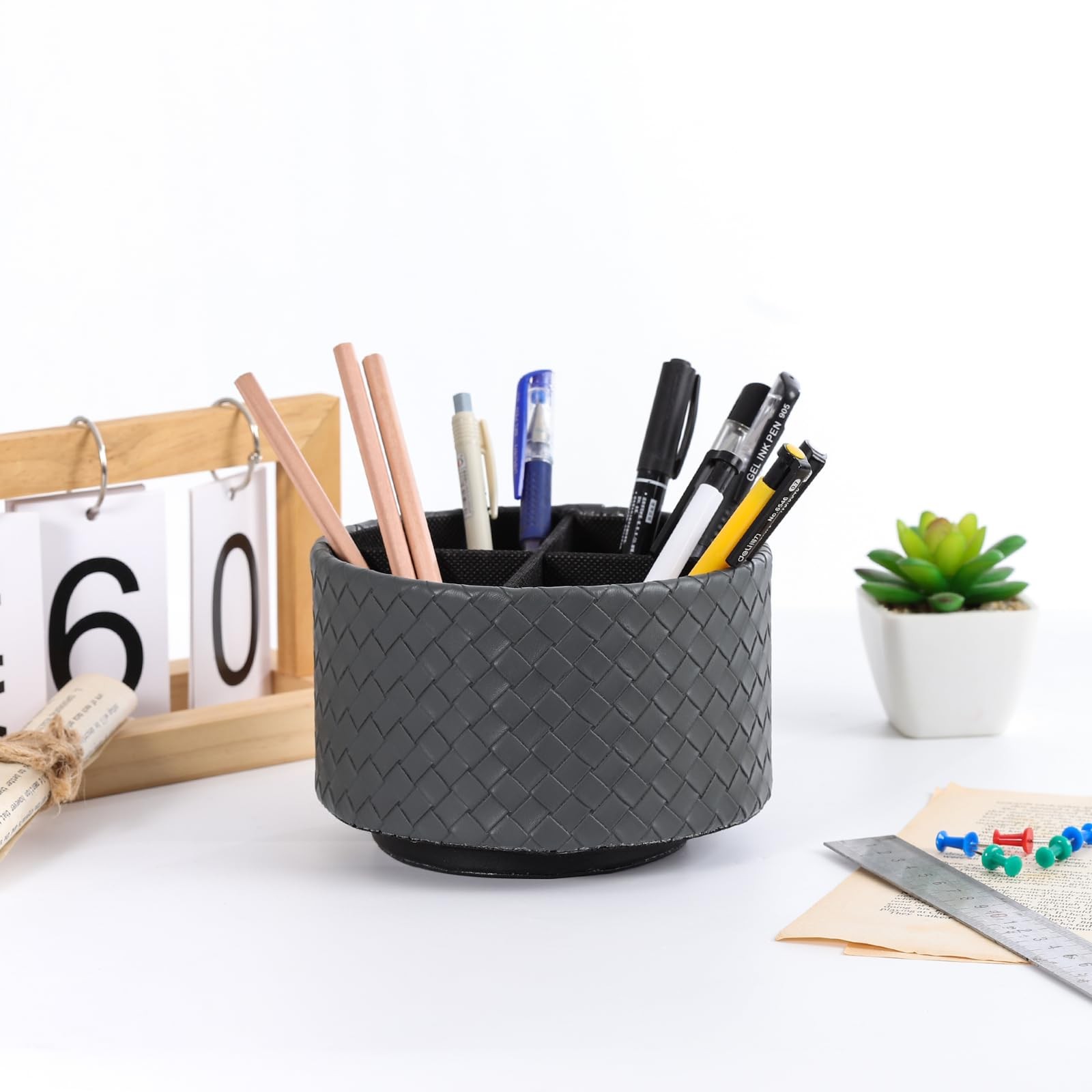 Rotating Remote Holder, PU Leather 360 Degree Rotating Desktop Organizer with…