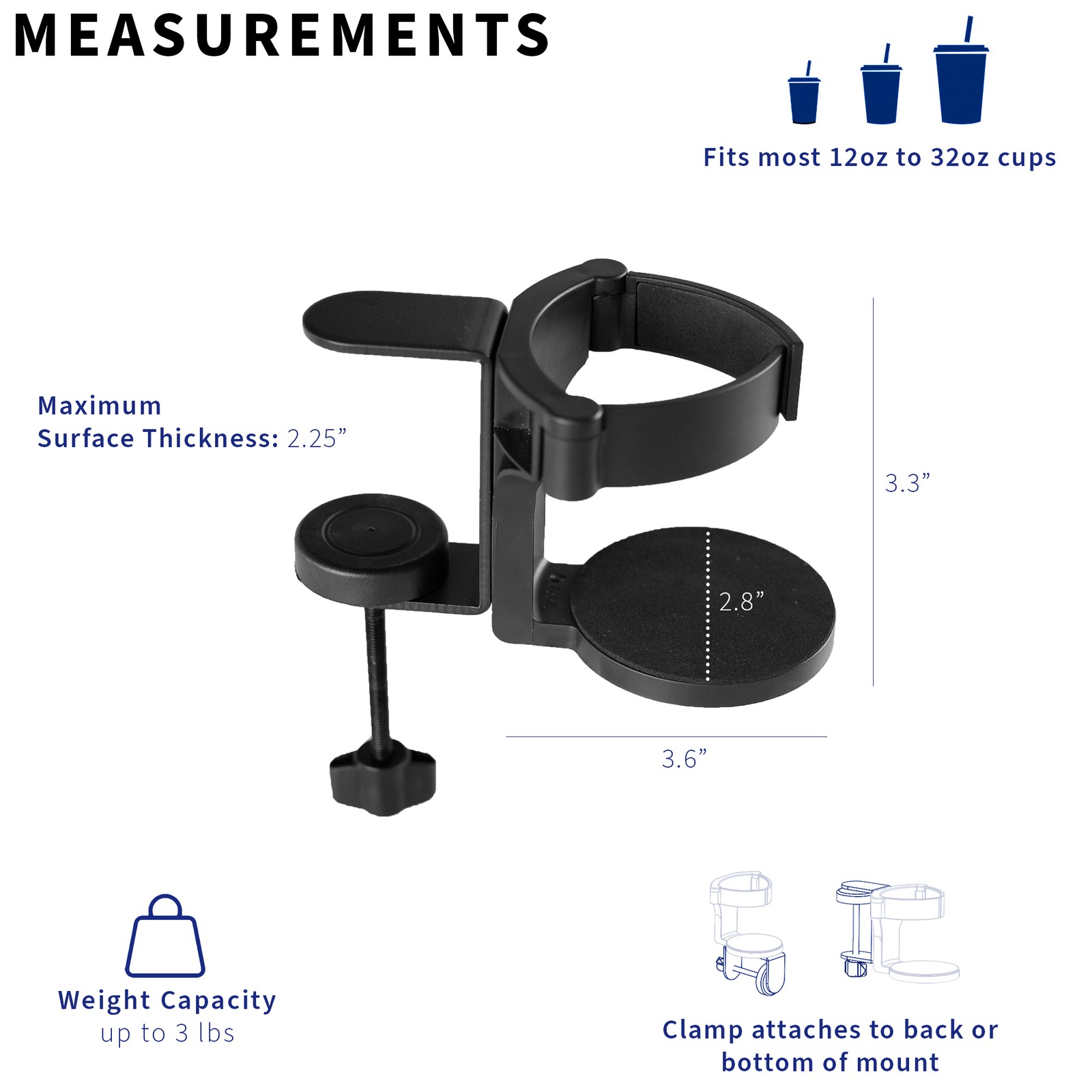 VIVO Black Clamp-on Cup Holder for Desk and Bed Frame, Anti-Spill Drink Support
