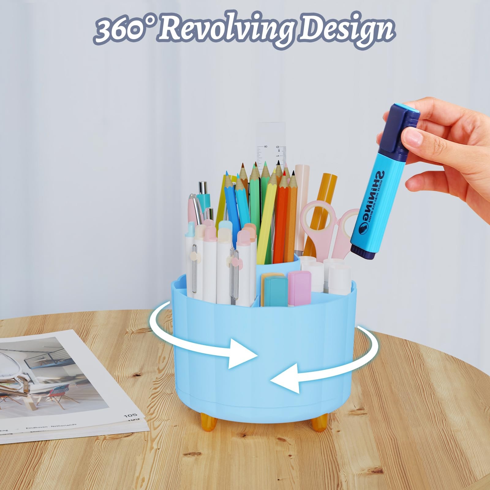IVEETTY 360 Degree Rotating Pen Holder for Desk, 6 Slots Desktop Blue