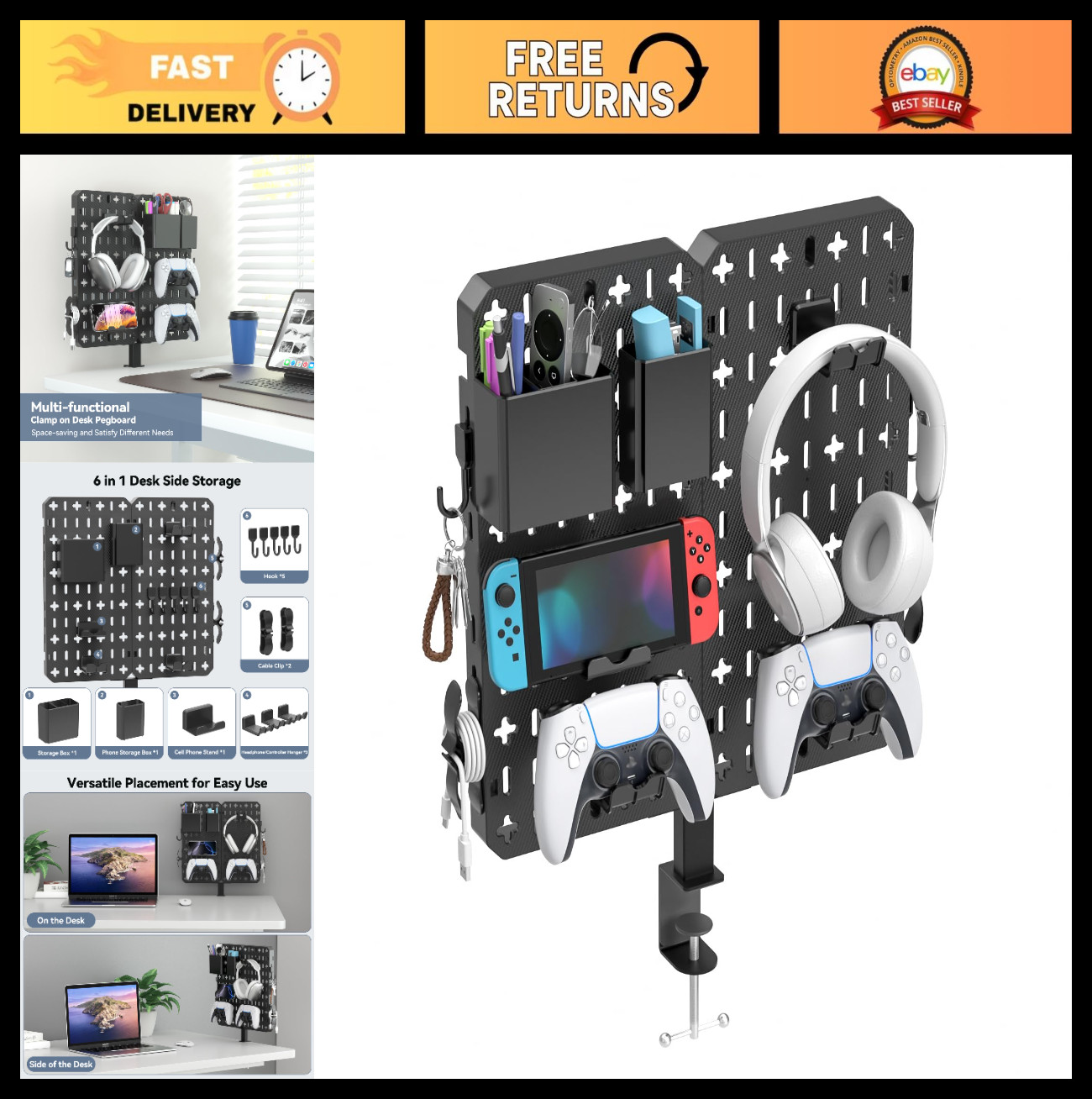 7-in-1 Clamp-On Desk Organizer – No Drill Pegboard with Phone Stand, Pen Holder,