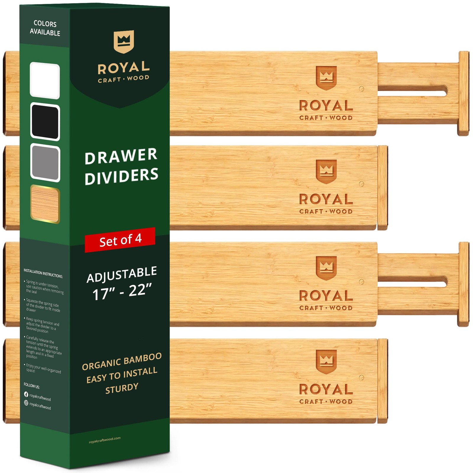 Bamboo Drawer Dividers Organizers, Adjustable Large (up to 22″), Natural