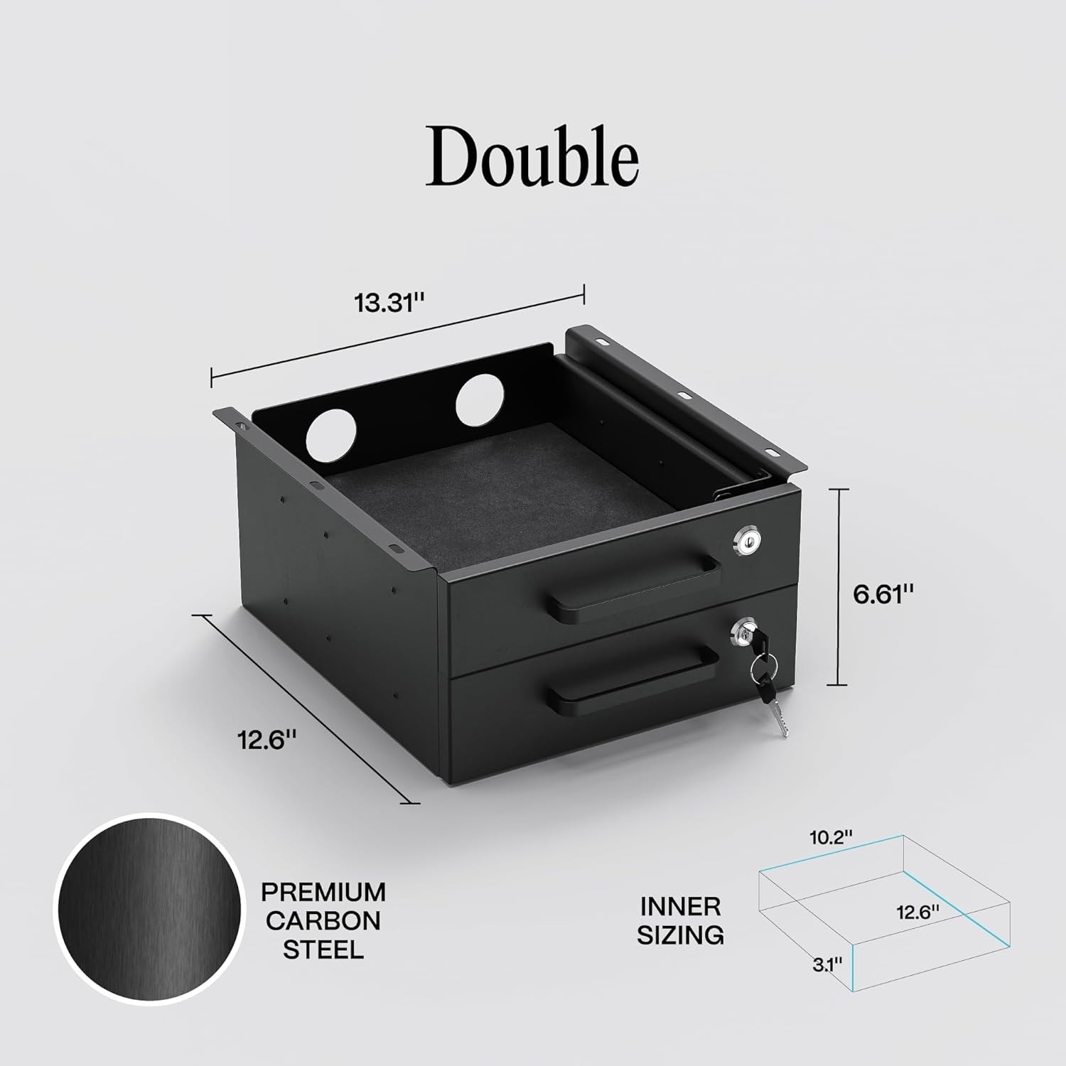 Under Desk Drawer Slide-Out Lockable Metal Storage Double Black (Non-Bracketed)