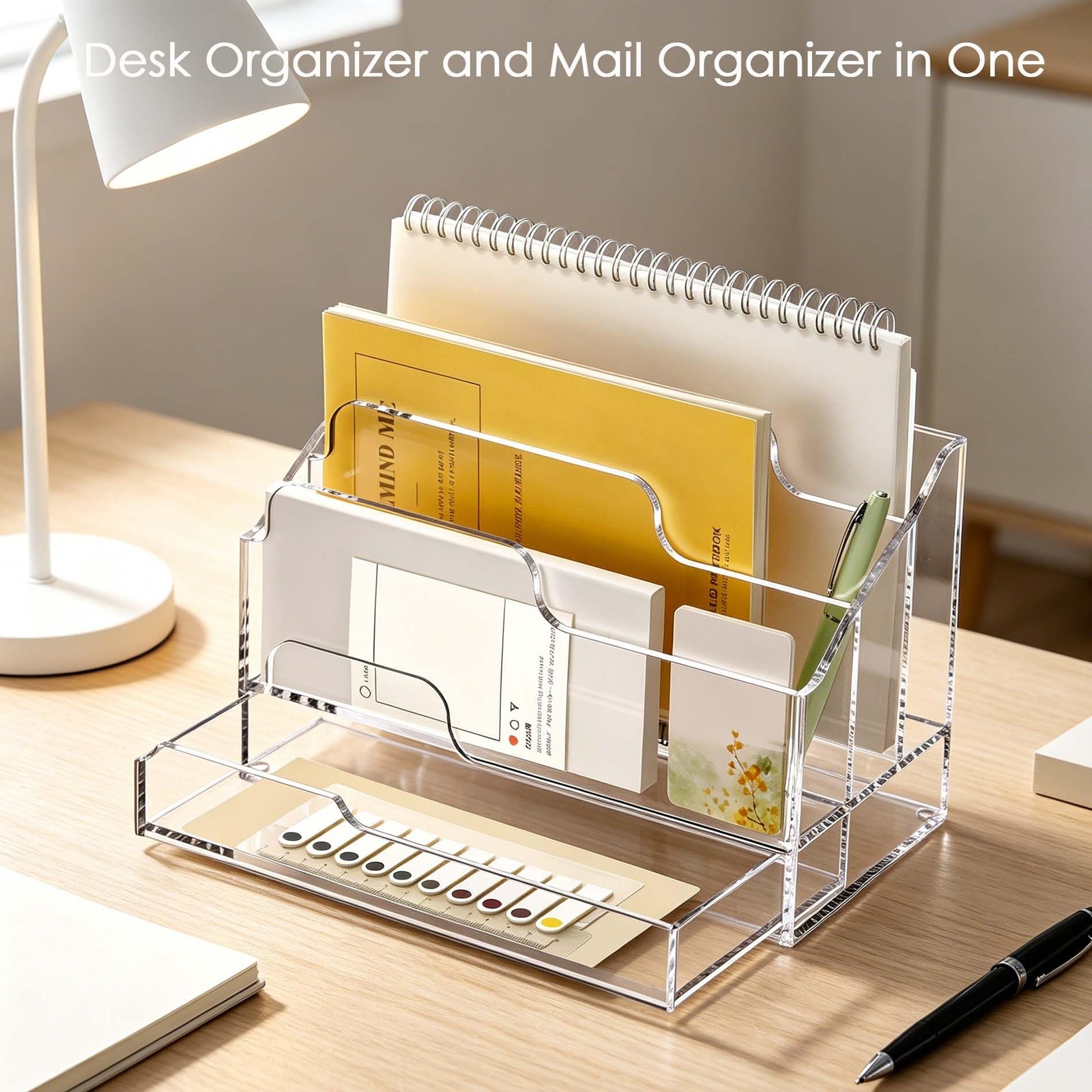 YUXUN Acrylic Mail Organizer for Desk – Transparent 3-Compartment