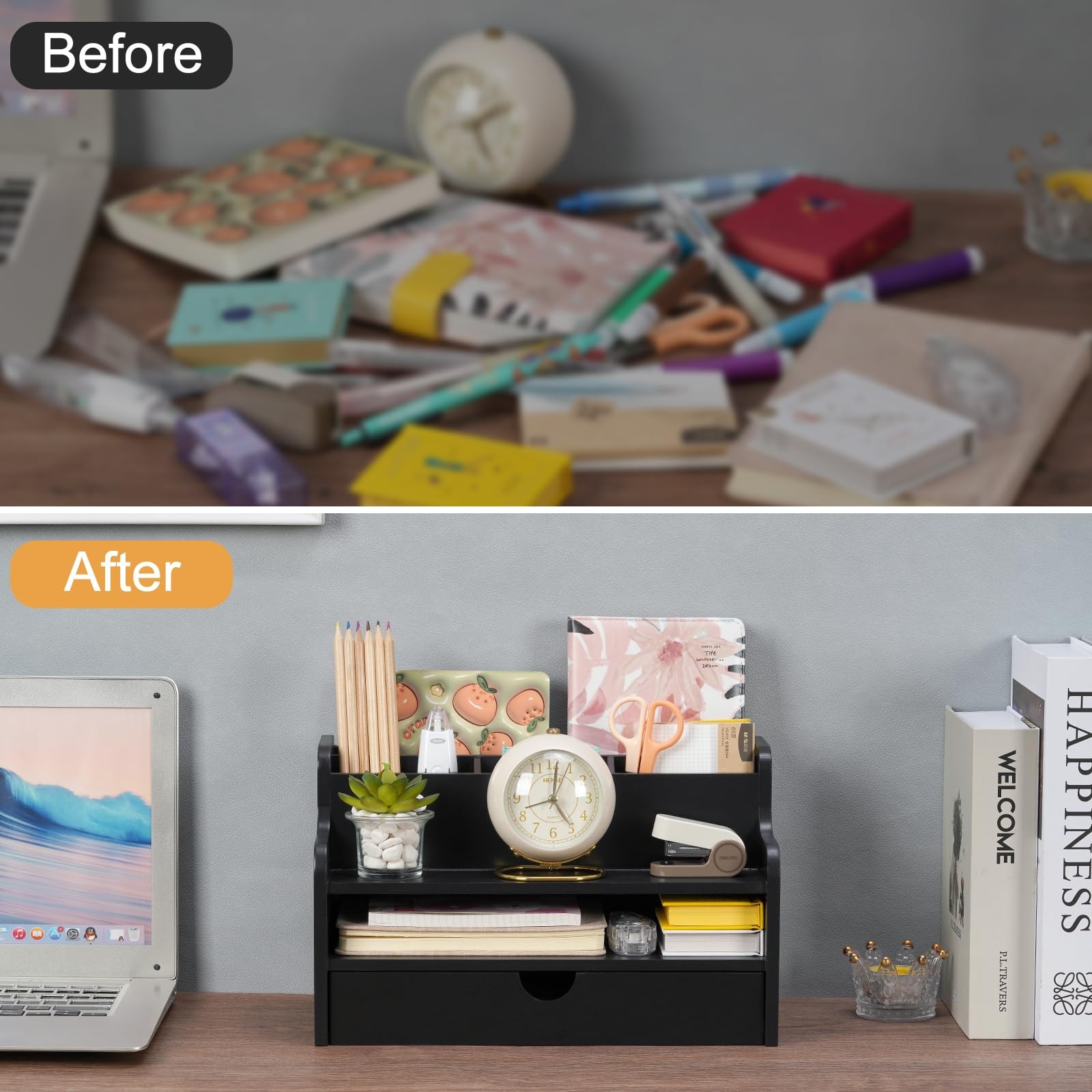 Mail Organizer Countertop, 4 Slots Desk Organizer with Drawer and Shelf, Wood…