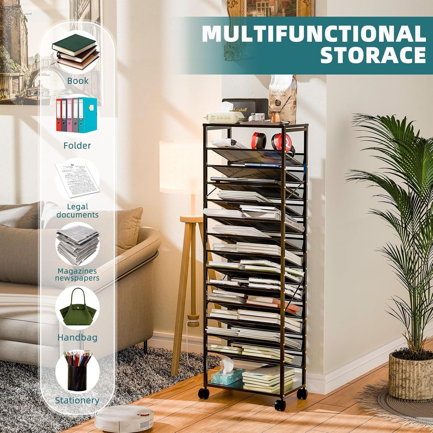 15 Tier Rolling File Cart, Mobile Desk File Organizer with Metal Mesh Paper Lett