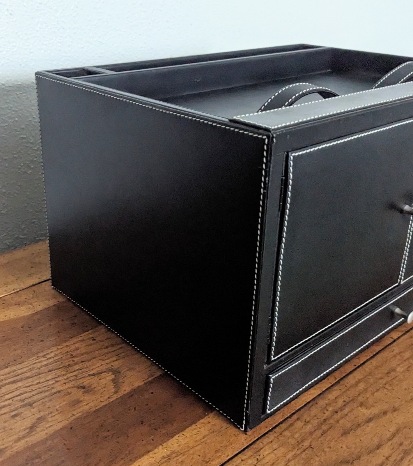 Levenger Leather Desk Organizer Valet Black Double Door Storage Tray Drawer