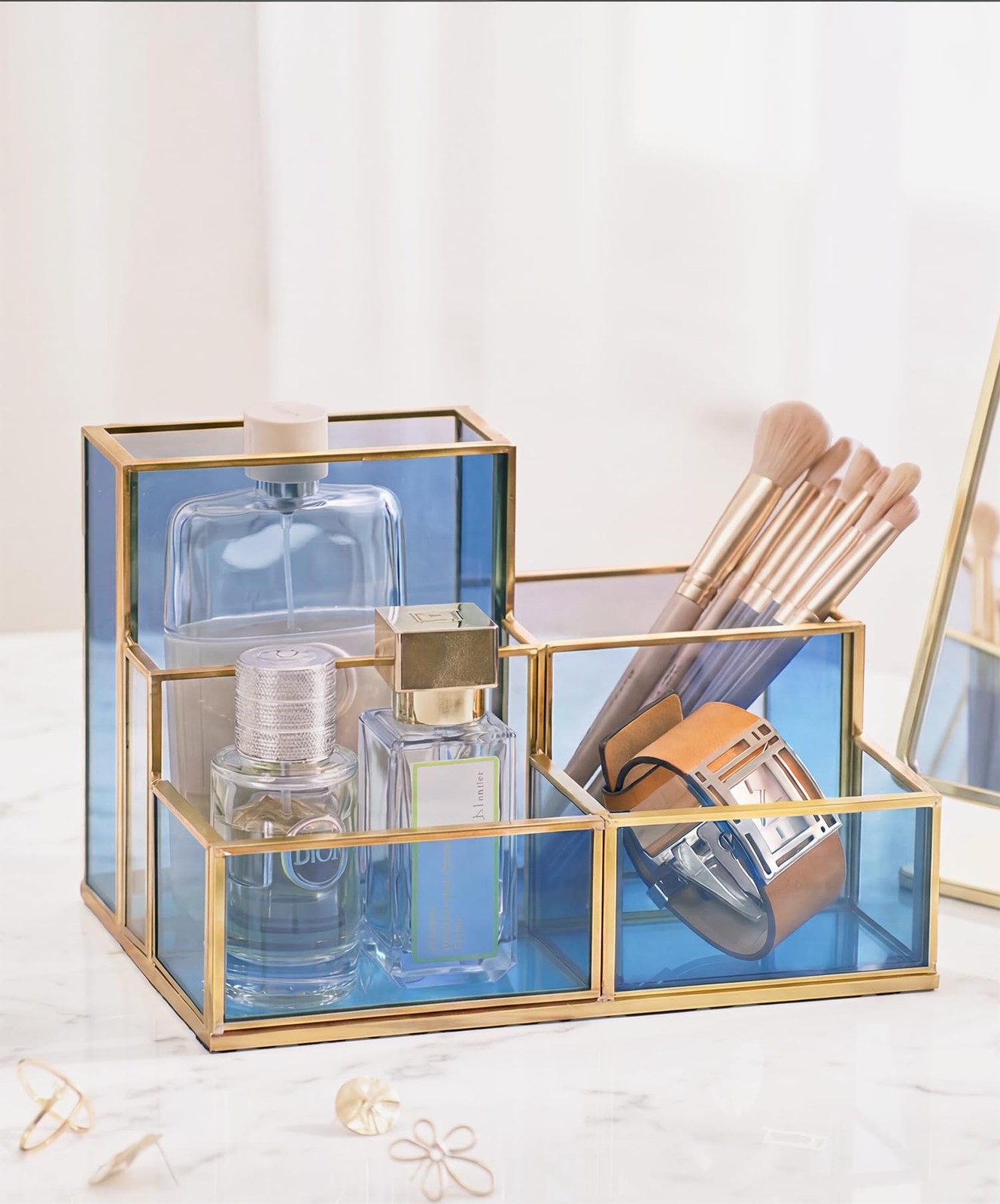 5-Compartment Desk Organizer for Home Office Supplies, Gold Brass with Blue G…