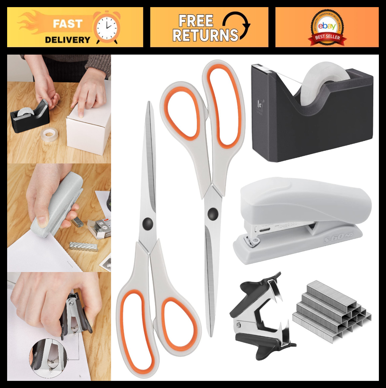 Office Supplies Kit – Desk Accessory Set with Scissors, Stapler, Staples, Tape &