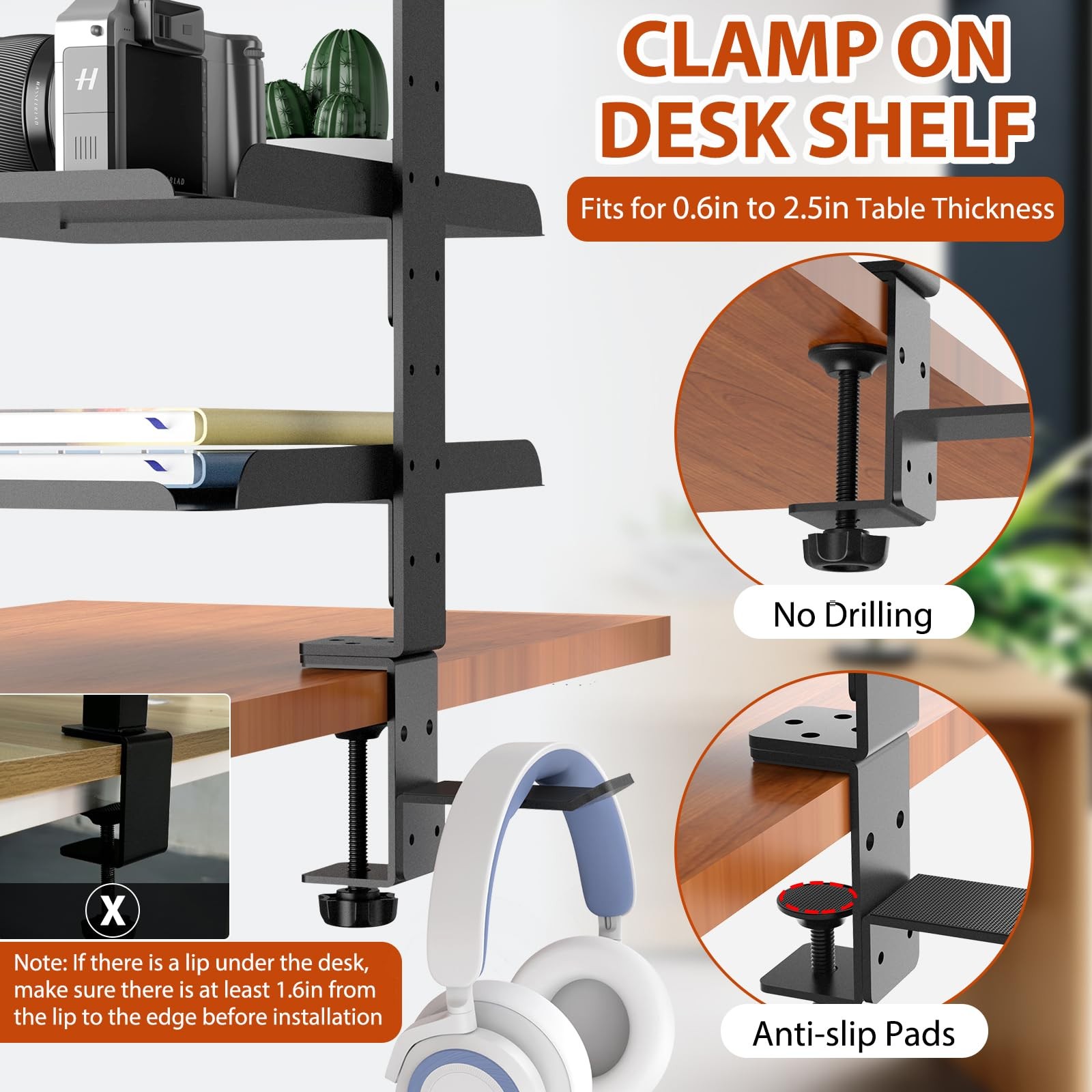 ROLIZOE 3 Tier Clamp On Desk Shelf, No 17.56 x 11.02 x 6.89 inches, Black