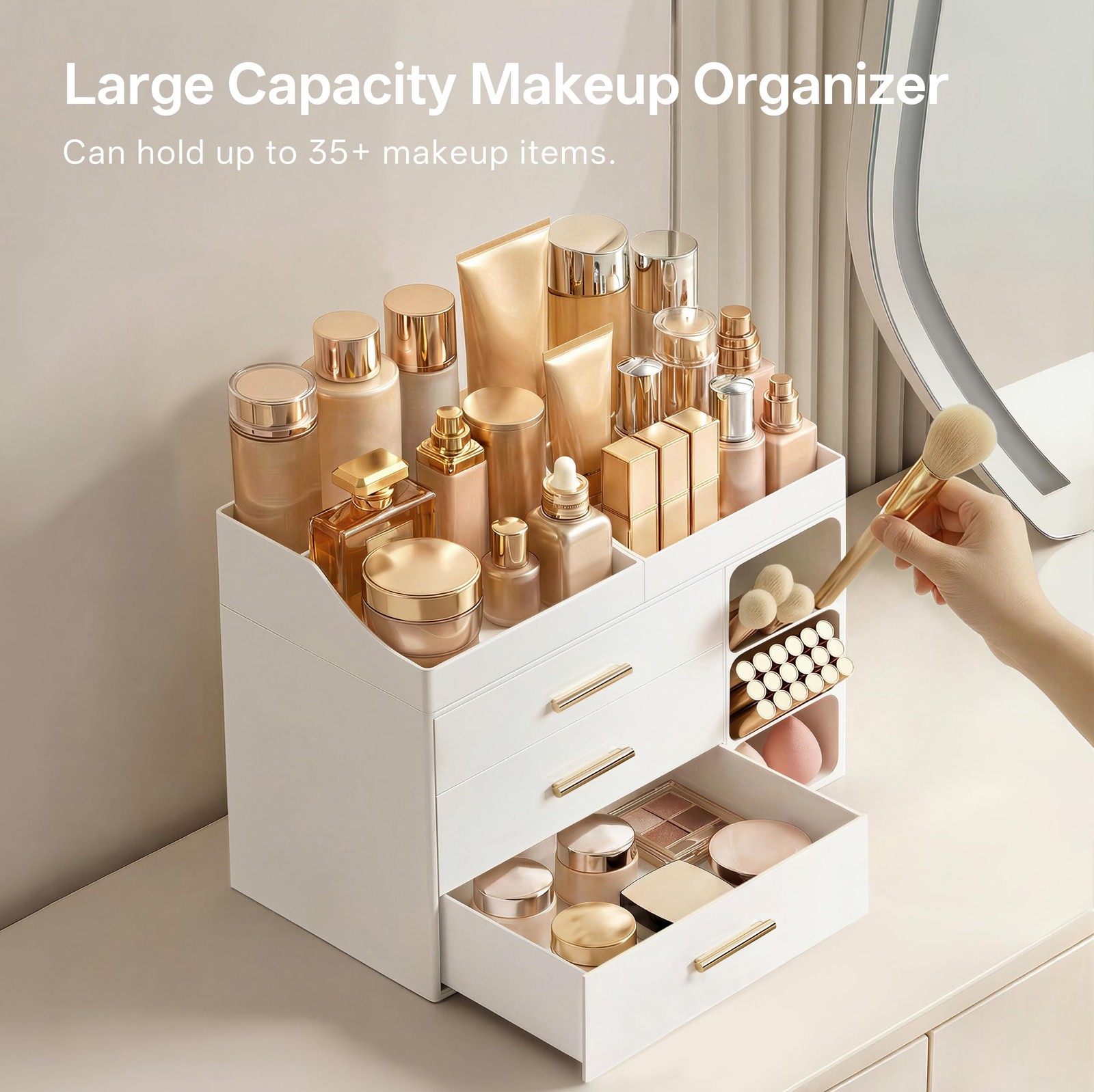 HBlife Makeup Organizer Countertop with Brush Holder,Large Large, All White