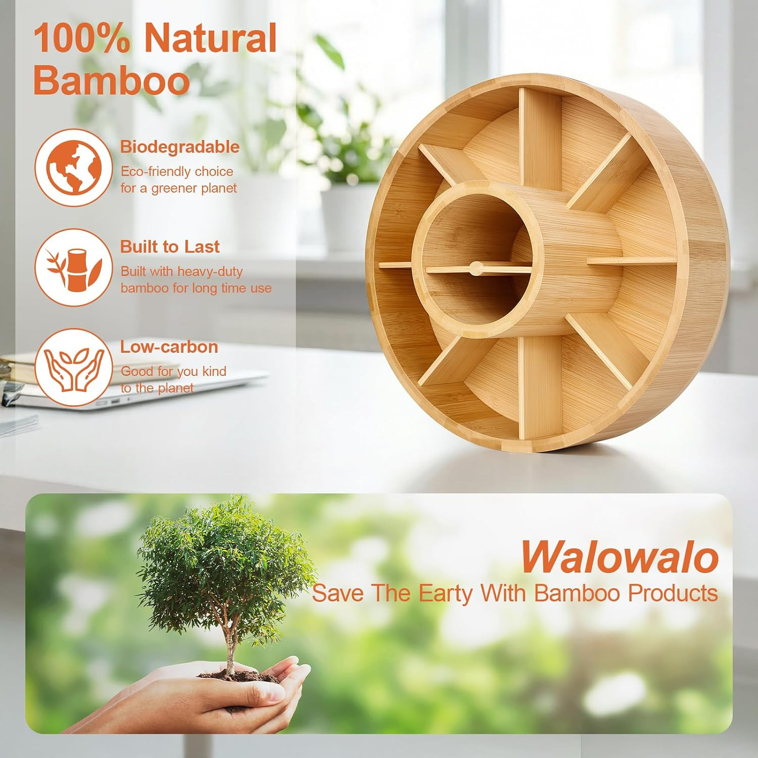 Marker Organizer Rotating Bamboo Desk Organizer, Silent 360° Rotation Caddy, 10