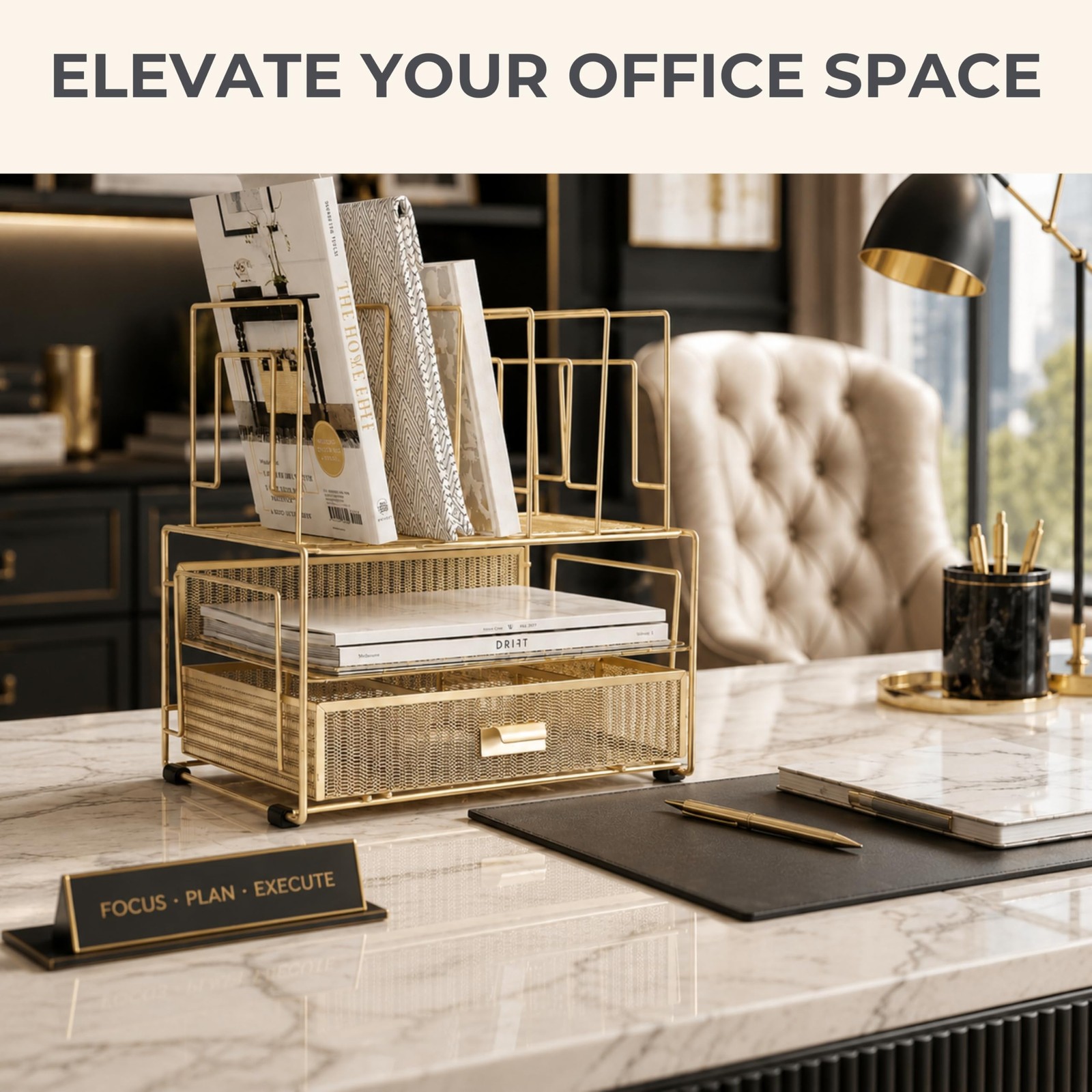 BLU MONACO | Gold Desk Organizer With Drawer | Metal Mesh File Holder &