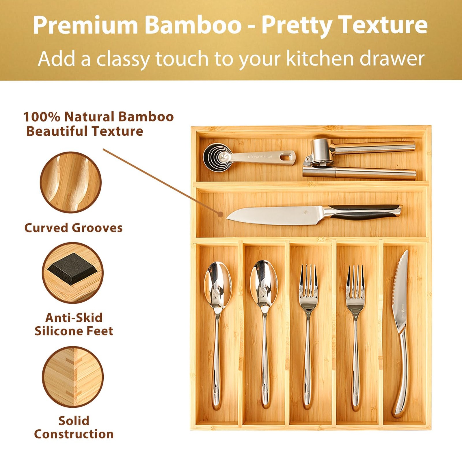 Bamboo Kitchen Drawer Organizer, 13 Inch Silverware Utensil Tray Holder, Extra