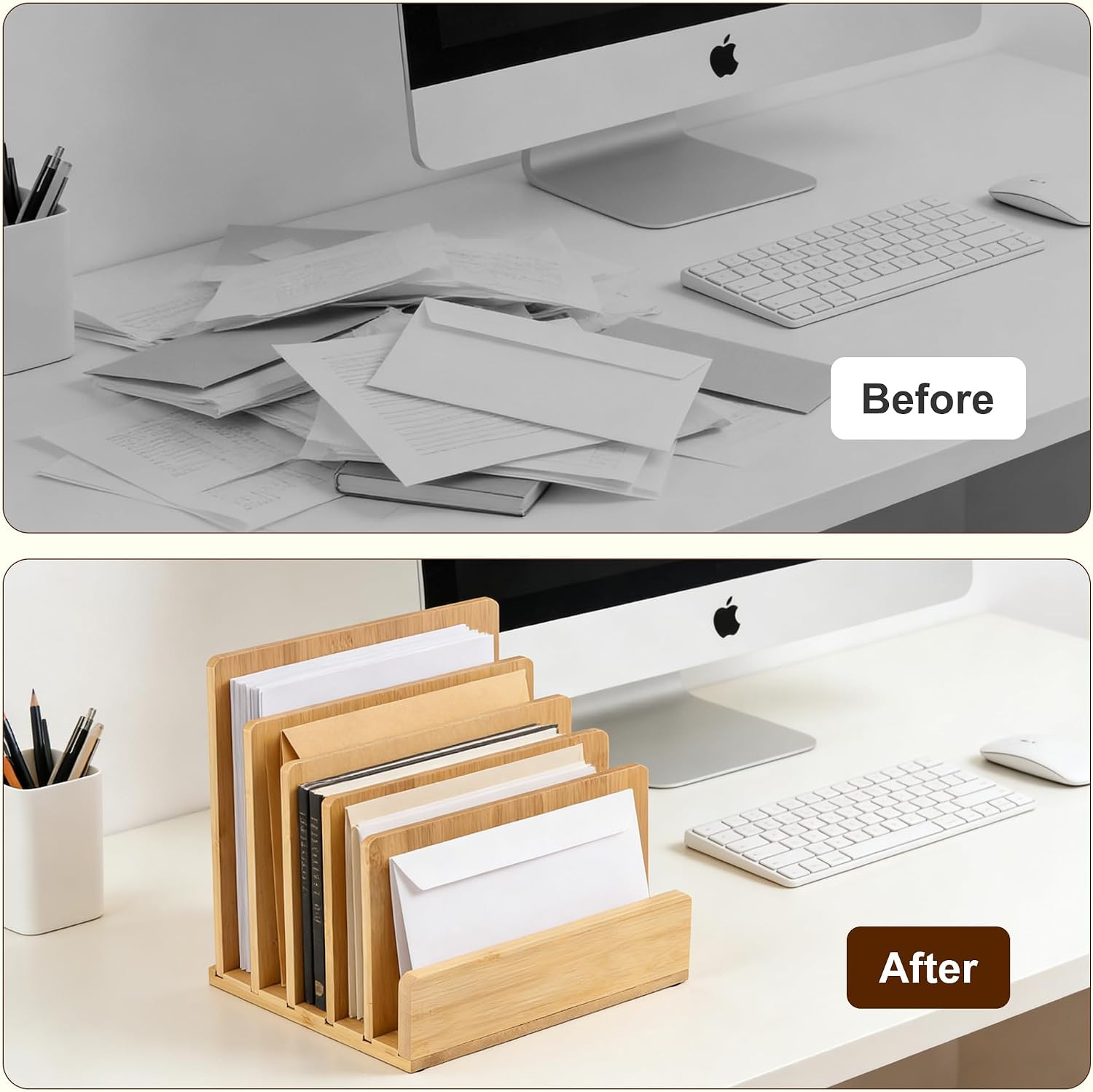 Bamboo Desk File Organizer, 5-Section Vertical Mail Sorter, Home Office Desktop