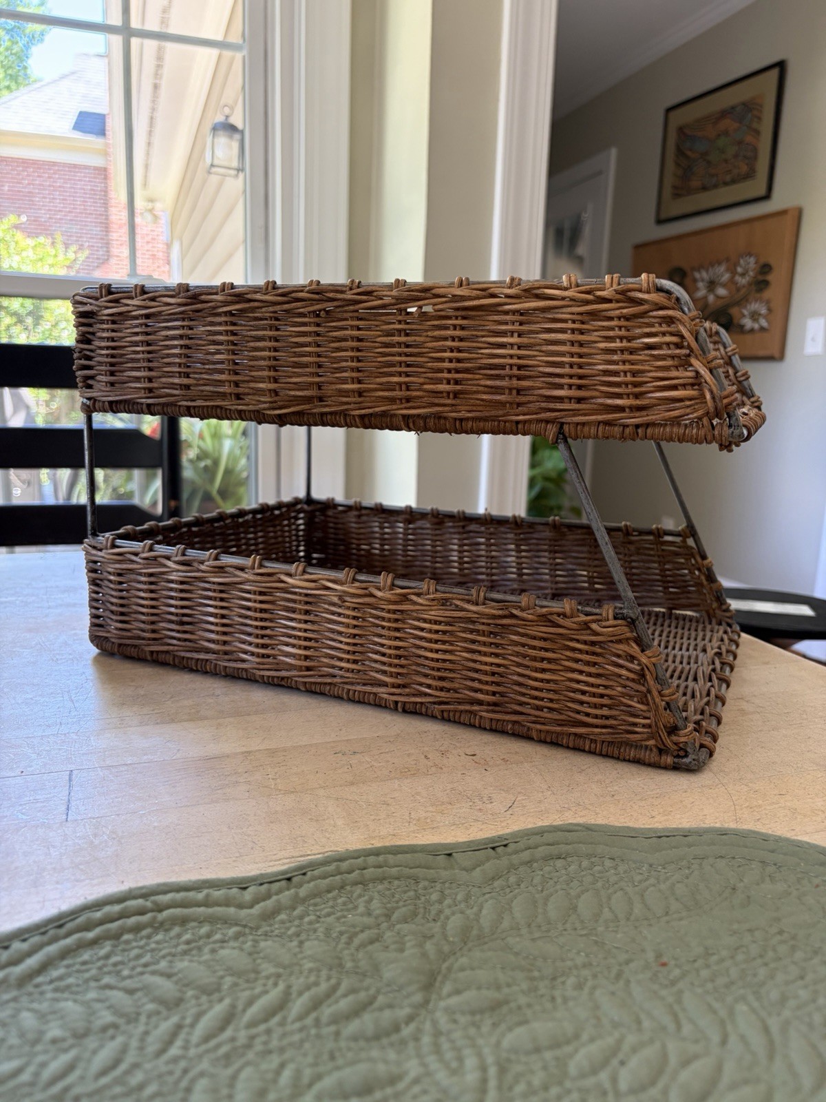 vintage wicker two-tier desk top organizer 14” x 10” EUC