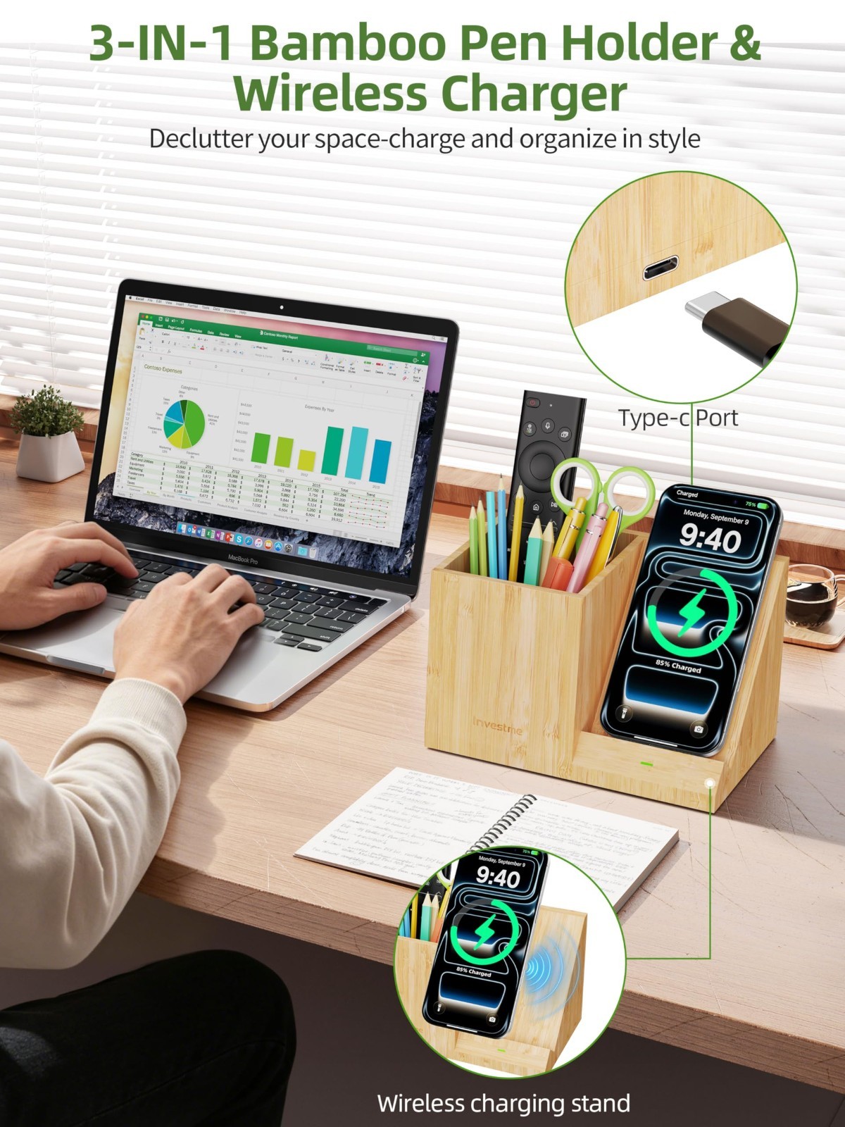 Multifunctional Bamboo Desk Organizer with Wireless Charger & Pen Holder – Fast
