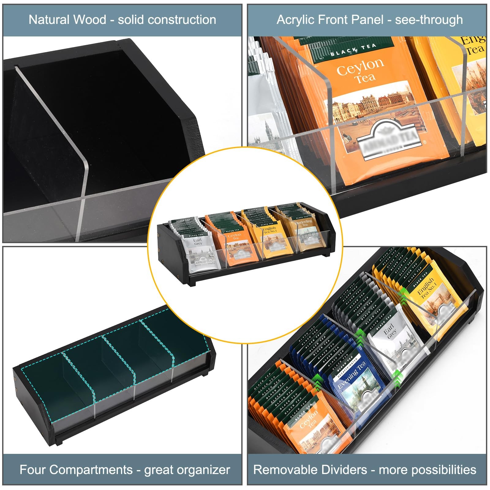 Tea Bag Holder Organizer Box with 4 Compartments, Pine Wood and Black