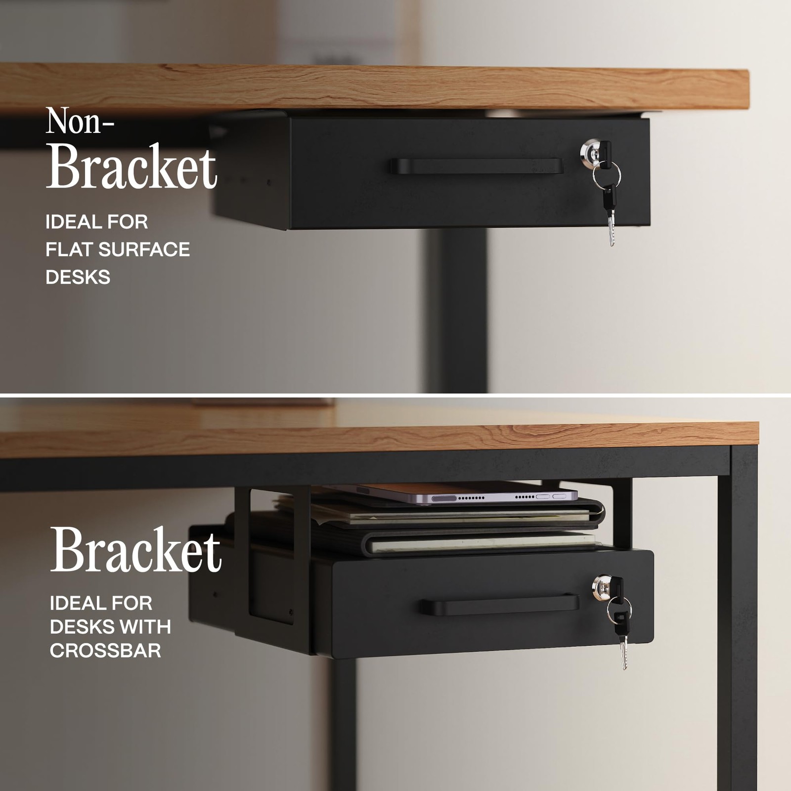 Under Desk Lockable Slide~Out Metal Drawer with Cable Management