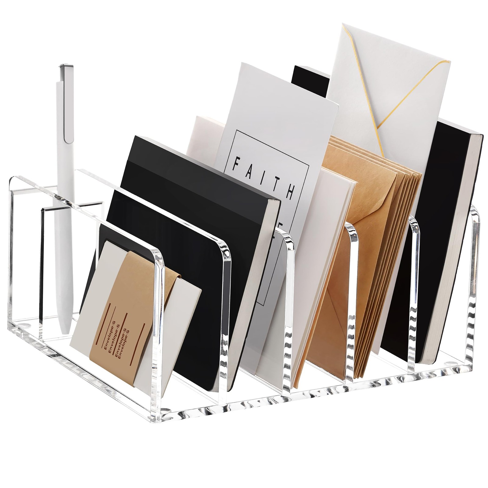 Acrylic Organizer, 5 Compartments File Holder for Desk, Letter Sorter with Pe…