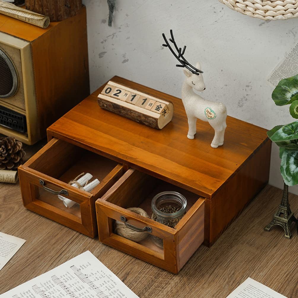 LIFKOME Wood Desk Organizer, 2 Drawers Bamboo Storage Box, Coffee Brown