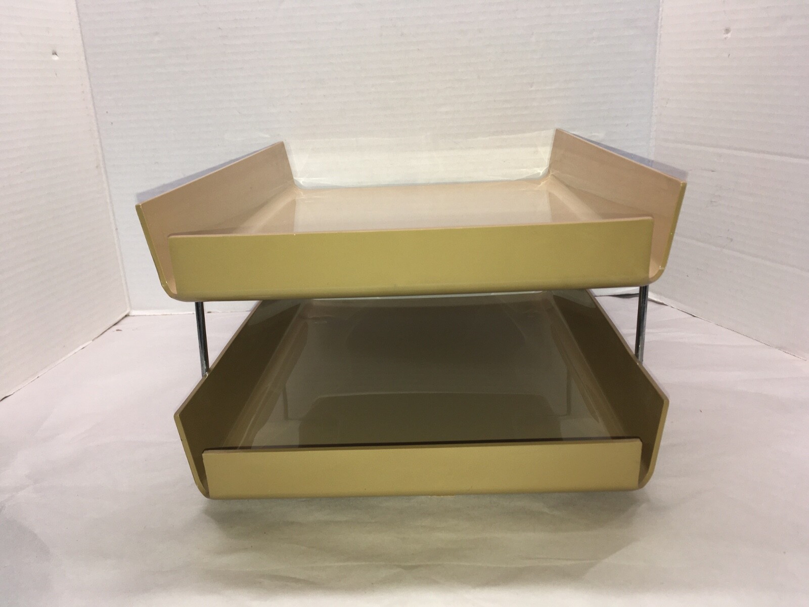 Vtg McDonald Duk-It Beige Plastic Chrome 2-Tier In Out Desk Tray Organizer MCM