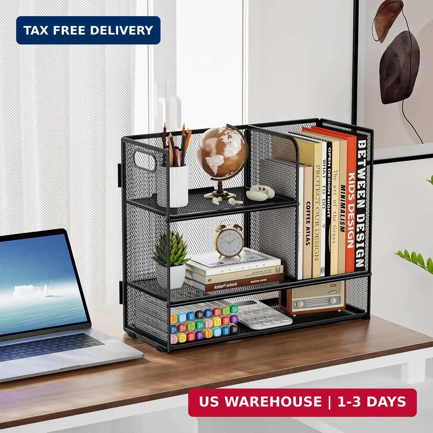 Marbrasse 3-Tier Desk Shelf Organizer with Handle, Desktop Bookshelf File Holder