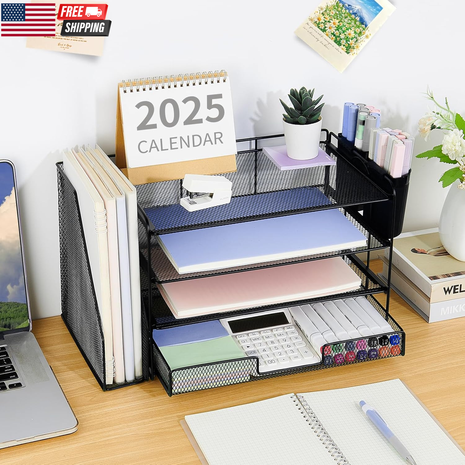 Desk Organizer, 5-Tier Paper File Organizer with Drawer & Pen Holder, Office Des