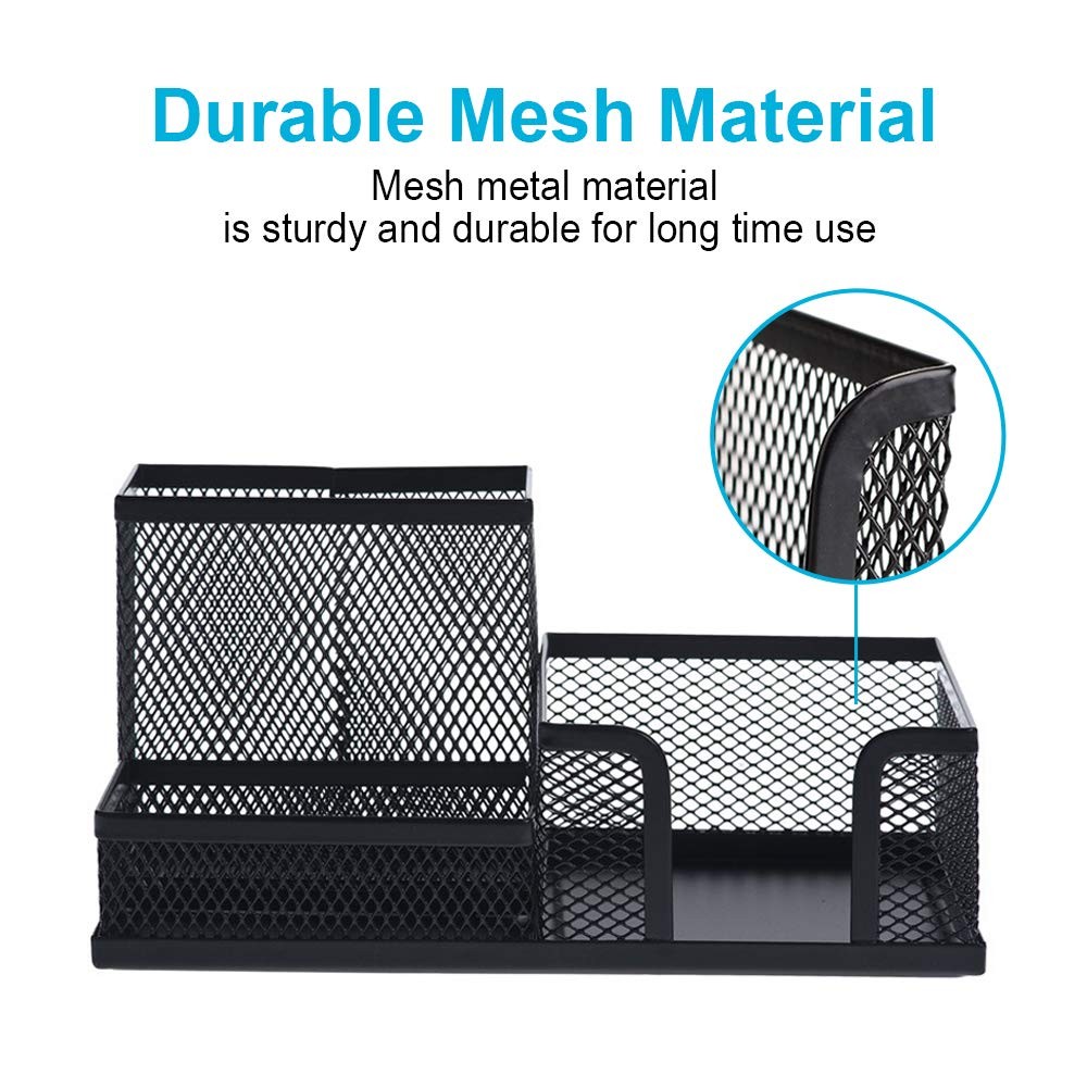 2-Piece Desk Pen Pencil Organizer Mesh Metal Cup Sticky Notes Holder Black
