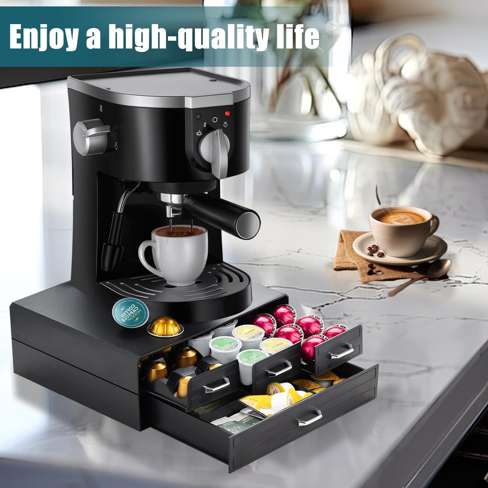 K Cup Holder Drawer 66/88 Pods Capacity, Four Drawers Design for Black