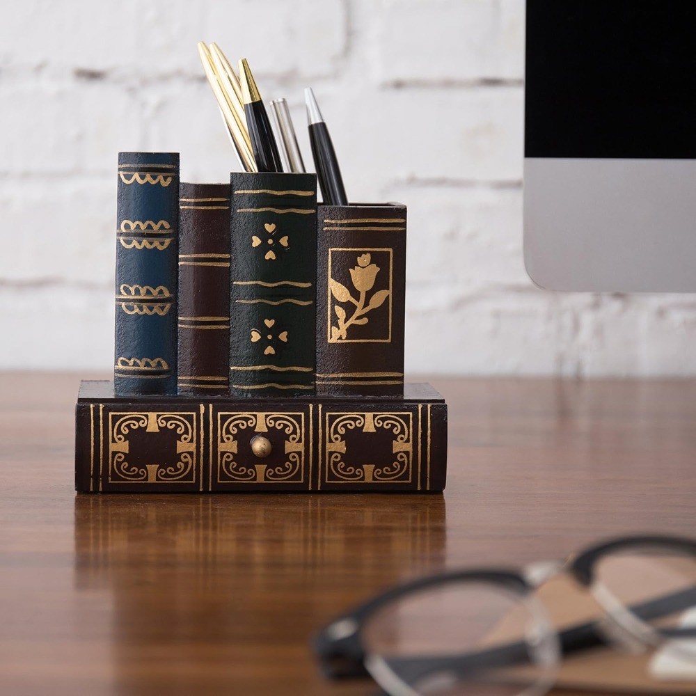 Decorative Desk Organizer Caddy, Pencil and Pen Holder with Bottom Storage
