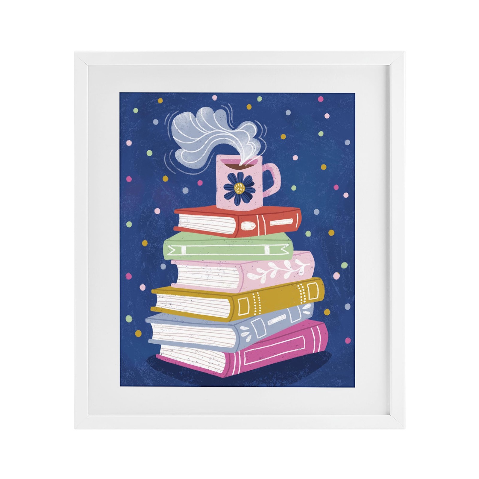 ‘Book Stack & Cozy Mug’, Framed Print Under Glass, White, 17 x 21 Inches, Eas…