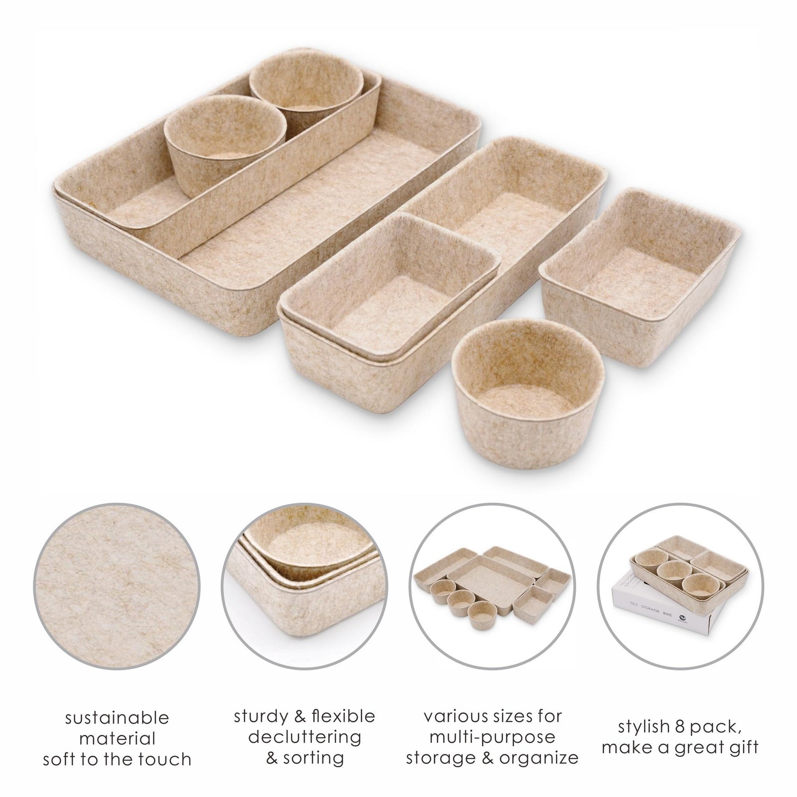 8 PCS Oatmeal Felt Office Desk Drawer Organizers Trays Shallow Dividers Box