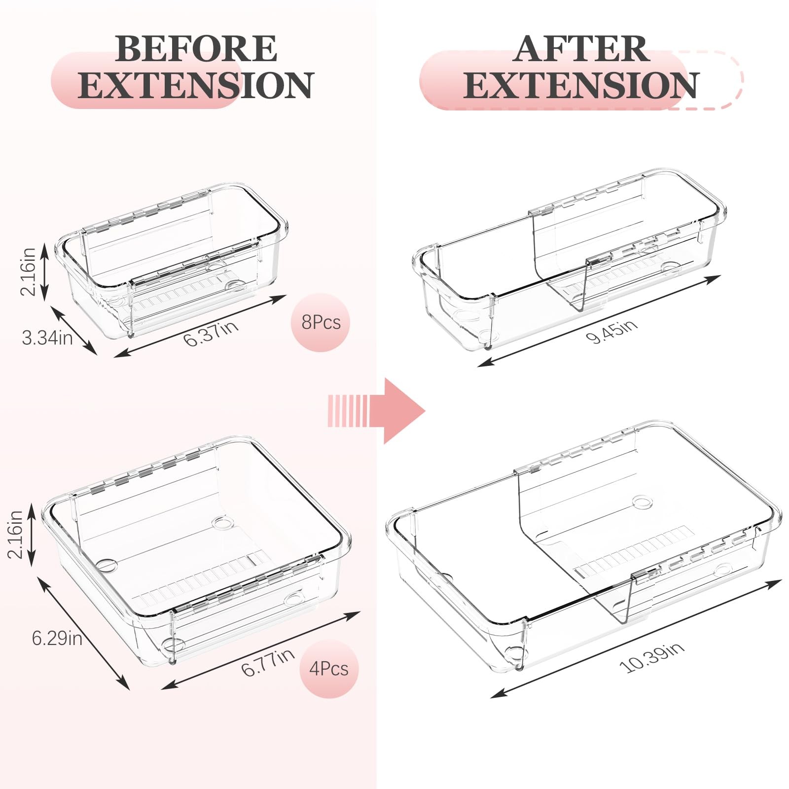 Dilibra 12 Pcs Clear Extendable Drawer Organizer Adjustable Drawer Storage