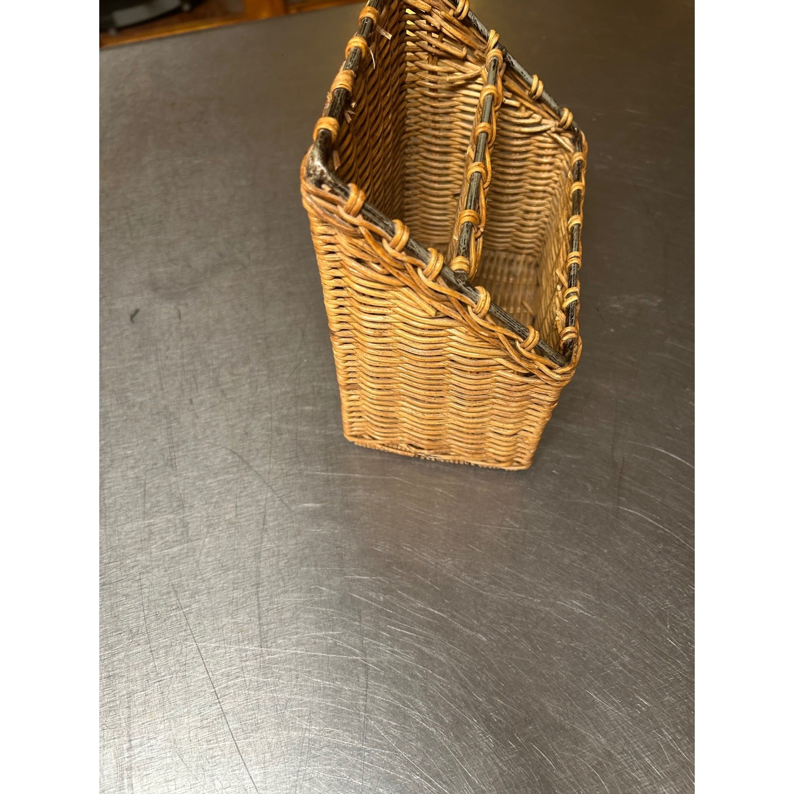 Vintage Wicker Desk Organizer Letter Holder Two Tier Metal Frame Brown Rustic