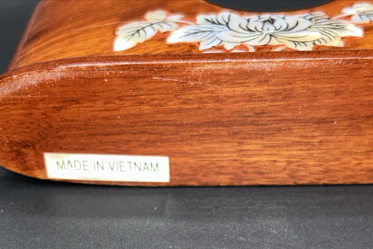 Vintage Pen & Business Card Holder Lacquer Wood w/ Floral Mother-Of-Pearl Inlay