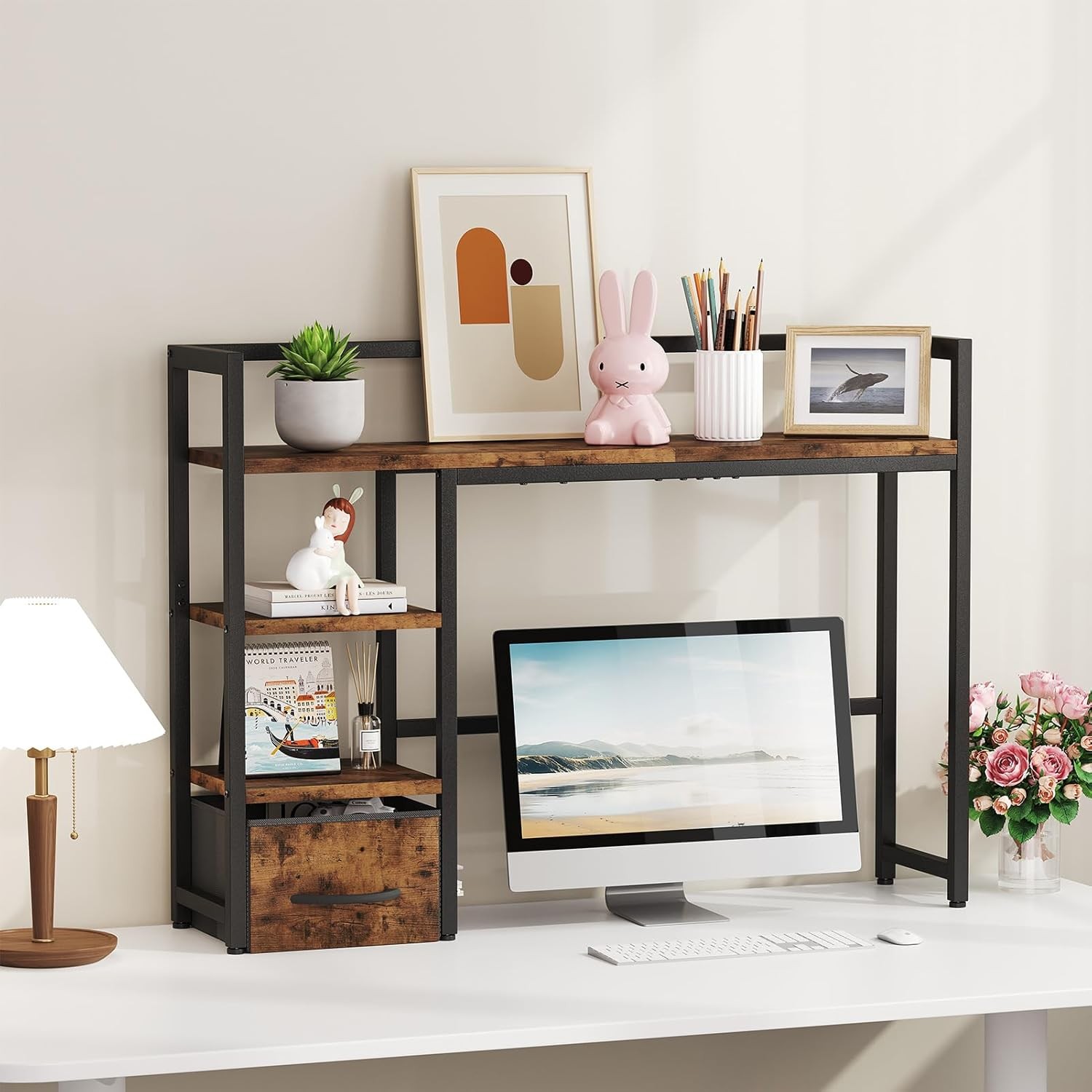 Marbrasse Desk Shelf with Drawer, 40″ 40″L × 9.5″W × 29.5″H, Dark Brown