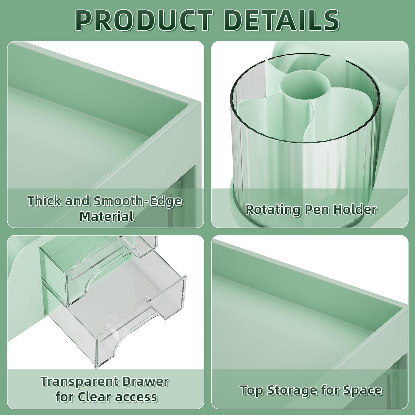 Marbrasse Desk Organizer with 2 Drawer, 360°Rotating Pen Holder, Green